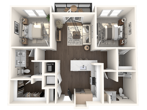 A 3D rendered image of a small apartment layout.
